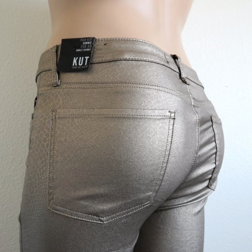 KUT from the KLOTH Connie Coated Fab AB Ankle Skinny Raw Hem in Metallic Bronze